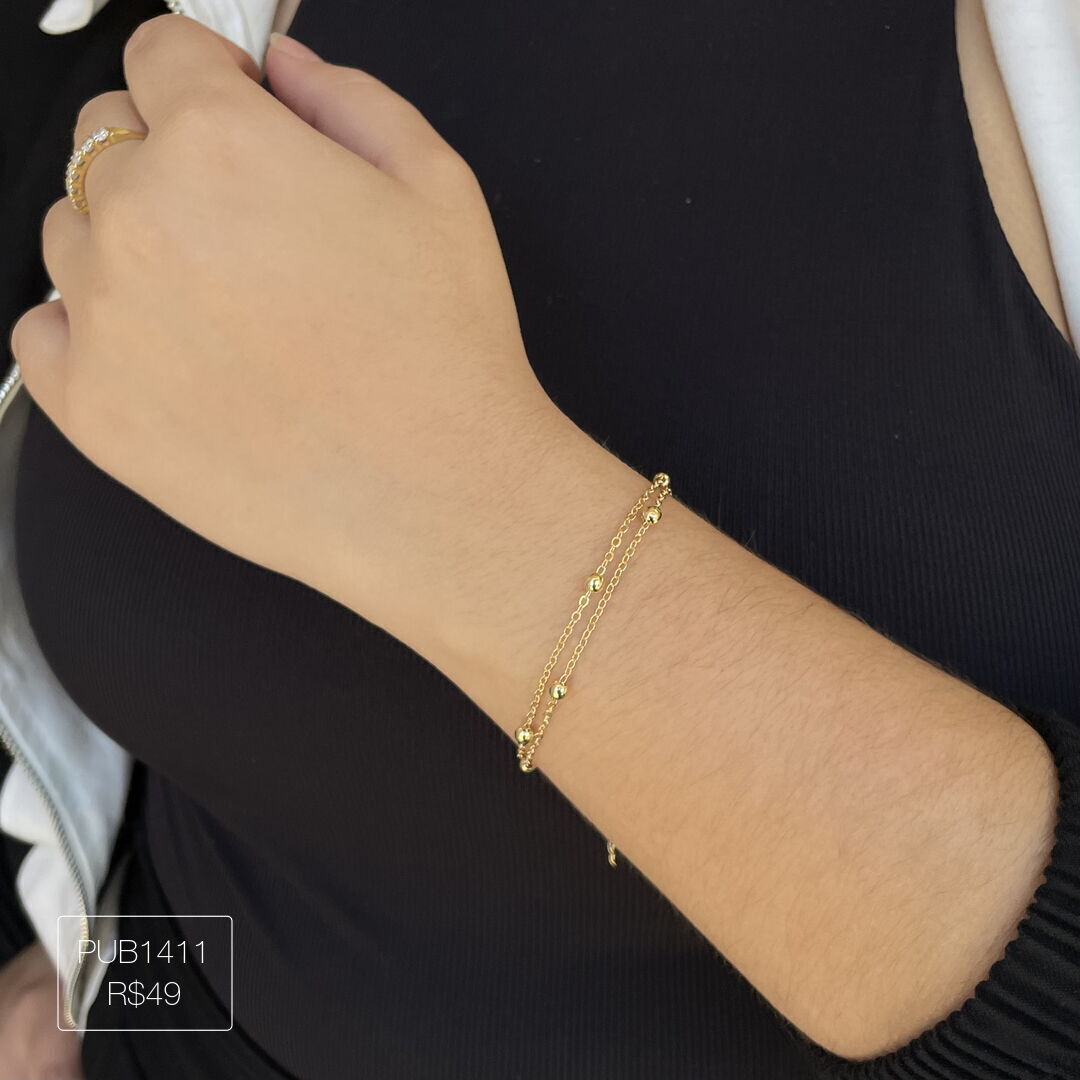 Pulseira Dupla de Bolinhas Cheias Lisa Dourada